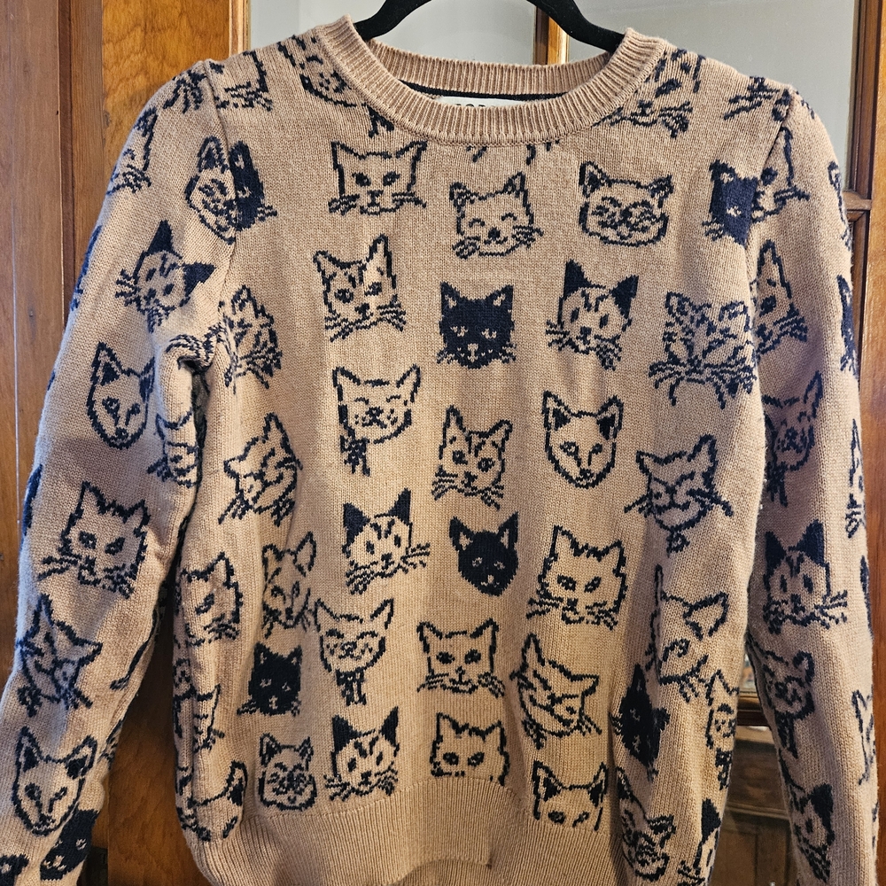 Boden Beige Sweater with Navy Cat Faces